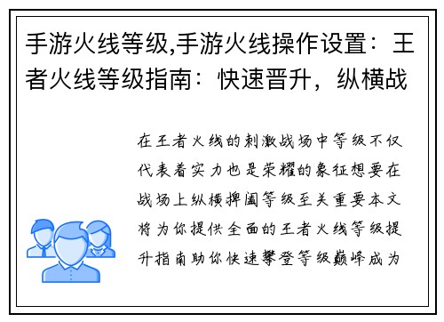 手游火线等级,手游火线操作设置：王者火线等级指南：快速晋升，纵横战场